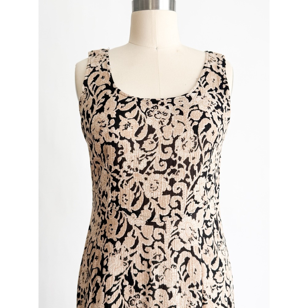 Rabbit Rabbit Designs Vintage Floral Midi Dress Tan Black Rayon Sleeveless USA - Picture 2 of 8
